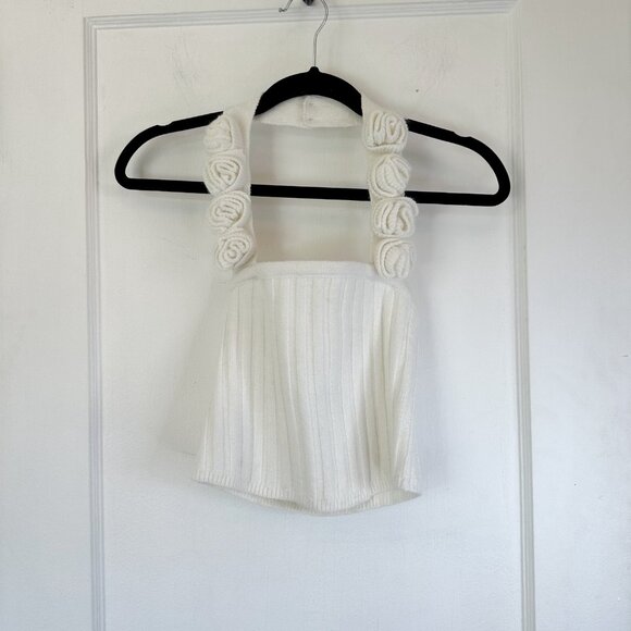 Majorelle | Amar Rosette Rose Crochet Halter Knit Top in Ivory White‎ Medium - Picture 3 of 7